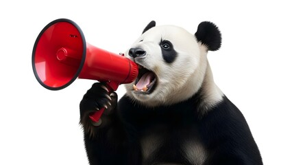 Giant panda bear shouting loudly into a bright red megaphone, communicating an important message or making an announcement on a white background.