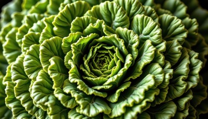 Obraz premium Close-up View of a Beautiful Green Cabbage with Intricate Leaves and Texture in Natural Light