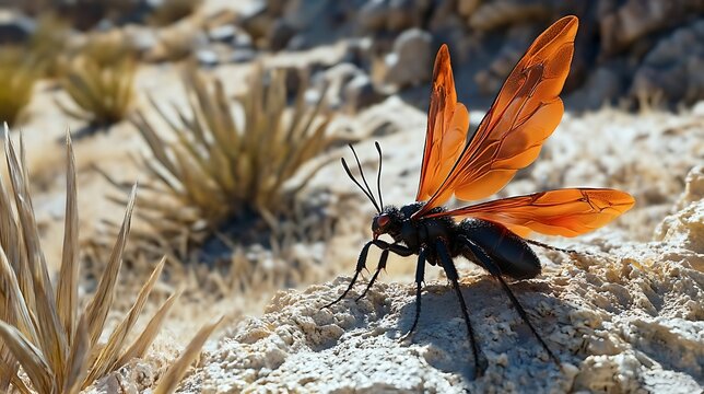 A tarantula hawk wasp with striking orange wings and a black body on a desert plant 