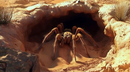 A tarantula spider emerging from its burrow in a dry, sandy habitat 