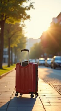 Red suitcase on a sidewalk in the middle of a city