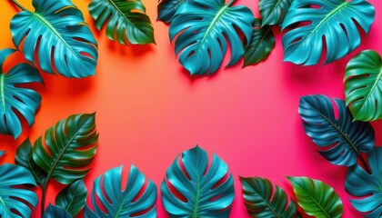 Colorful Tropical Monstera Leaves on Vibrant Gradient Background for Nature and Travel Themes