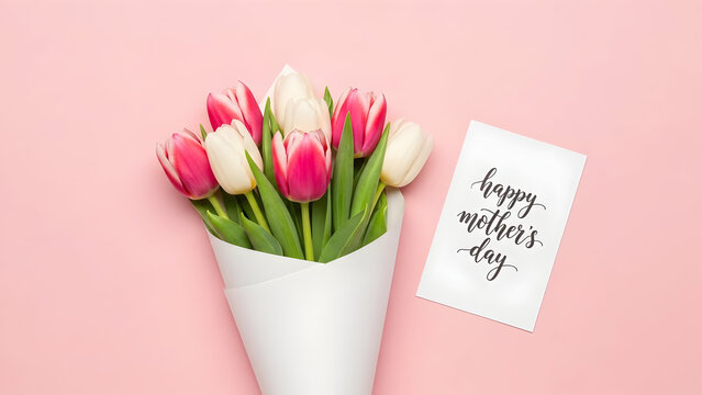 A delightful bouquet of pink and white tulips is presented with a handwritten card wishing a happy mother's day, all against a soft pink backdrop, creating a warm and celebratory scene. - Powered by Adobe