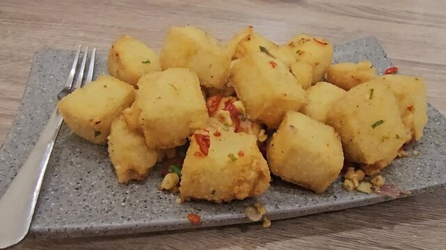chicken and chips Crunchy fried tofu with chili and salt topping,Crunchy  salt and pepper tofu.Indonesian called tahu cabe garam