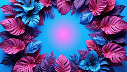Vibrant Tropical Leaves in Shades of Blue and Pink Framing a Gradient Background