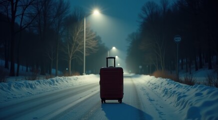 Suitcase on a snowy road at night with street lights