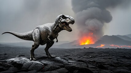 Dinosaur T-Rex at Volcano Eruption on Lava Field in Prehistoric Landscape