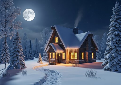 Cozy wooden cabin glows warmly under a full moon in a snow-covered forest - Powered by Adobe