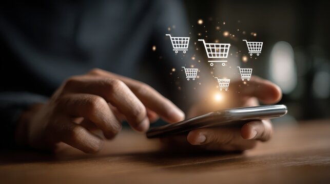 Person using smartphone to shop online with shopping cart icons, digital purchasing, e-commerce concept, modern technology in everyday life - Powered by Adobe