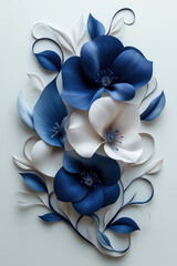 Abstract paper sculpture, calligraphic floral design, swirls and curves, navy blue and cream colors, white background. Generative AI