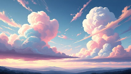 Dreamy Surreal Fantasy Sky with Oversized Cotton Clouds in Soft Pastel Glow