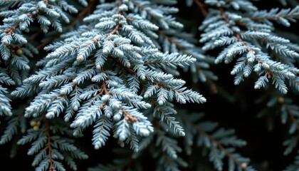 Close-Up of Frosty Blue Spruce Needles Against Dark Background Capturing Nature's Intricacies and Textures