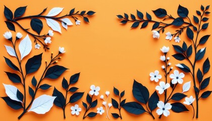 Elegant Paper Cut Leaves and Flowers in Black and White on Vibrant Orange Background for Creative Design Projects