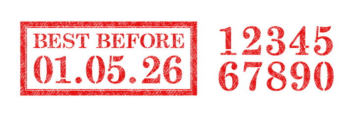 Vector red rubber stamp Best Before with set of numbers on the white background.