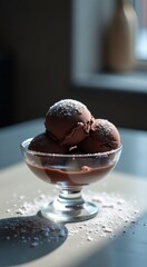 Scoops of chocolate ice cream in a glass bowl