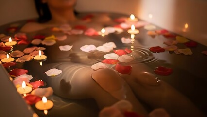 Woman relaxing in a bathtub with rose petals and candles