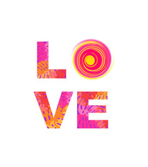 Love lettering fashion print collection. Part 2 with abstract pattern with monstera leaves and hot sun for t-shirt, bag design, poster isolated on white.eps