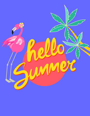 Summer Time concept for poster, t shirt, banner with pink flamingo, hot sun, palms and hello summer lettering.eps