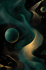 Abstract vector design of planets, 3D shapes, black background, gold and dark green accents, fluid organic shapes. Generative AI