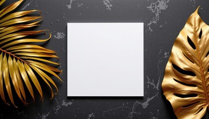 Elegant Minimalist Blank Canvas Surrounded by Tropical Leaves and Gold Accent on Dark Texture Background