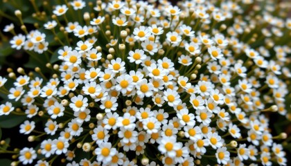 Vibrant Close-Up of Charming White and Yellow Daisy-Like Flowers in a Lush Green Garden Setting