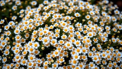 Vibrant Display of Tiny White and Yellow Flowers in Lush Green Surroundings, Ideal for Nature and Floral Themes