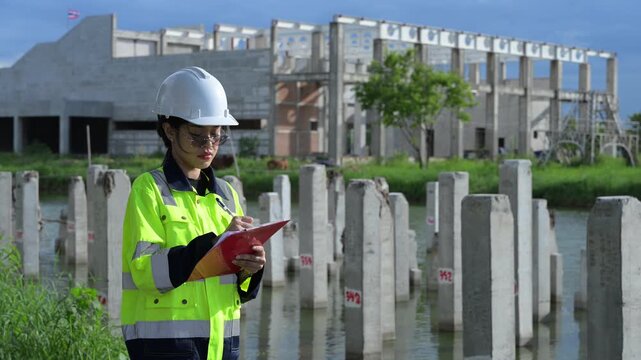 Asian engineer working at site of a large building project,Thailand people,Work overtime at construction site,Team of engineer discus at site