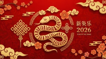 Beautiful golden snake zodiac 2026 chinese new year celebration with red background floral elements and knot