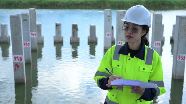 Asian engineer working at site of a large building project,Thailand people,Work overtime at construction site,Team of engineer discus at site
