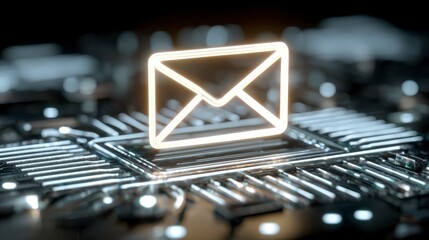 Illuminated email envelope icon glowing above a digital circuit board, symbolizing online communication and messaging