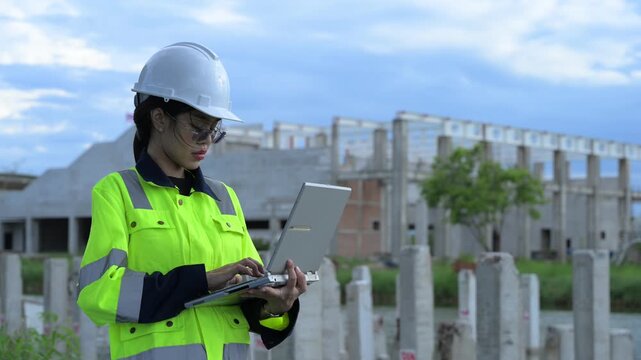 Asian engineer working at site of a large building project,Thailand people,Work overtime at construction site,Team of engineer discus at site