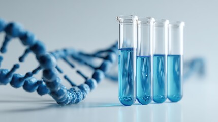 Laboratory Test Tubes with Blue Liquid on Gradient Background and DNA Helix Representation as Scientific Research Concept