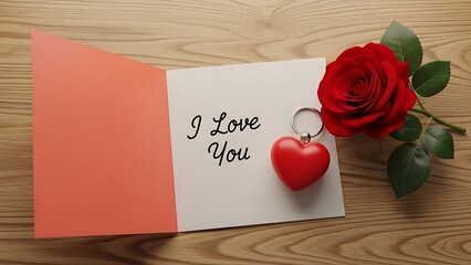 Romantic gesture with card and rose on wooden table