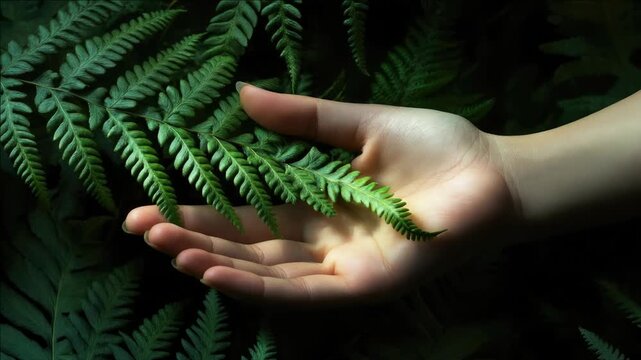 Hands reaching for a fern plant