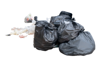 Garbage in black garbage bag in stack at garbage dump isolated with clipping path in png file format