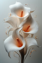 Abstract white calla lily made of paper, 3D render, white background, golden details, fluid lines, brown ink on it. Generative AI