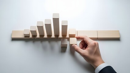 Hand of a businessman strategically places the final wooden block to complete a rising bar graph, symbolizing crucial data analysis, project development, and the pursuit of business growth and success