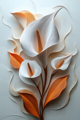Abstract white calla lily made of paper, 3D render, white background, golden details, fluid lines, brown ink on it. Generative AI