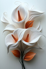 Abstract white calla lily made of paper, 3D render, white background, golden details, fluid lines, brown ink on it. Generative AI