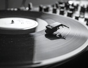A close-up, grayscale view of a turntable playing a vinyl record