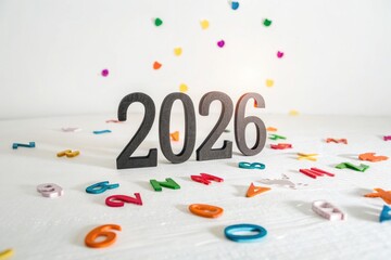 A large bold 2026 on a pure white background with colorful confetti and letters scattered around it with new year and celebration and happy new year