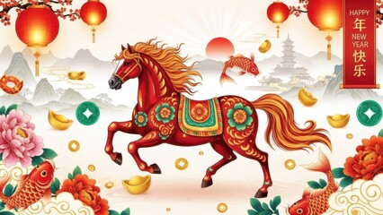 Elegant horse illustration surrounded by red lanterns, koi fish, golden ingots. festive chinese new year background with scenic view.