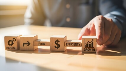 Business growth strategy visualized with blocks depicting process, flow, efficiency, and financial expansion