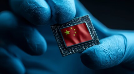 Close-up of gloved hand holding a microchip with an image of a flag, signifying technology and electronics