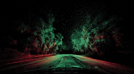 Autonomous vehicle viewpoint consisting of vibrant green and red lidar point cloud matrix perfect for sensor technology environmental mapping and spatial perception scanning concept.