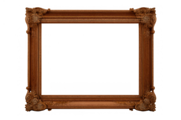 Ornate vintage wooden frame with baroque carving and decorative elements providing a classic antique border on transparent background