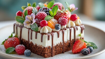 Delicious cake topped with fresh berries and mint.