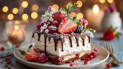 A delightful chocolate cake topped with berries.
