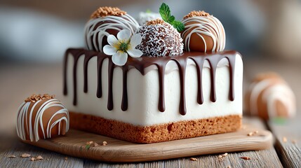 Delicious dessert topped with chocolate and nuts.