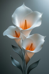 Abstract white calla lily made of paper, 3D render, white background, golden details, fluid lines, brown ink on it. Generative AI